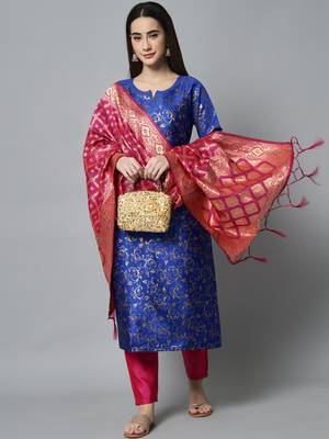 Royal-blue jacquard cotton silk Kurta Pant With Dupatta 1