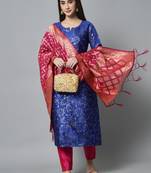 Royal-blue jacquard cotton silk Kurta Pant With Dupatta