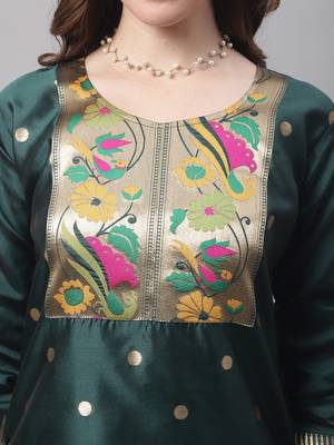 Dark-green jacquard cotton silk Kurta Pant With Dupatta 2