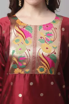Maroon jacquard cotton silk Kurta Pant With Dupatta