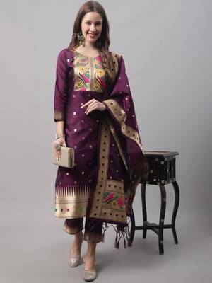 Purple jacquard cotton silk Kurta Pant With Dupatta 1