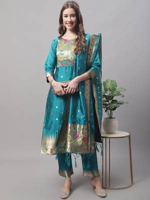 Aqua-blue jacquard cotton silk Kurta Pant With Dupatta 1