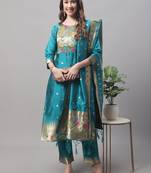 Aqua-blue jacquard cotton silk Kurta Pant With Dupatta
