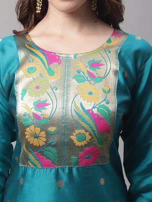 Aqua-blue jacquard cotton silk Kurta Pant With Dupatta 2