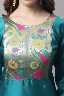 Aqua-blue jacquard cotton silk Kurta Pant With Dupatta