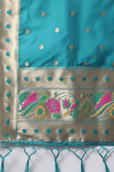Aqua-blue jacquard cotton silk Kurta Pant With Dupatta