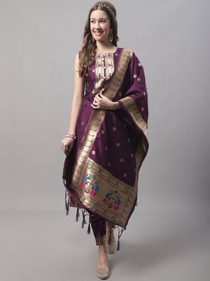 Purple jacquard cotton silk Kurta Pant With Dupatta 1