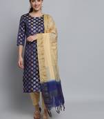 Navy-blue jacquard cotton silk Kurta Pant With Dupatta