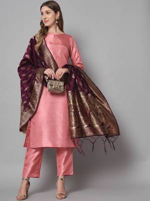 Baby-pink jacquard cotton silk Kurta Pant With Dupatta 1