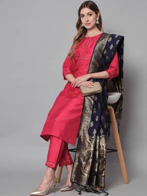 Red jacquard cotton silk Kurta Pant With Dupatta 1