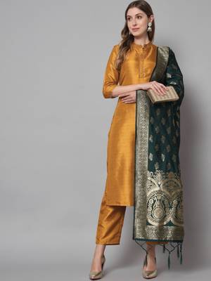 Mustard jacquard cotton silk Kurta Pant With Dupatta 1