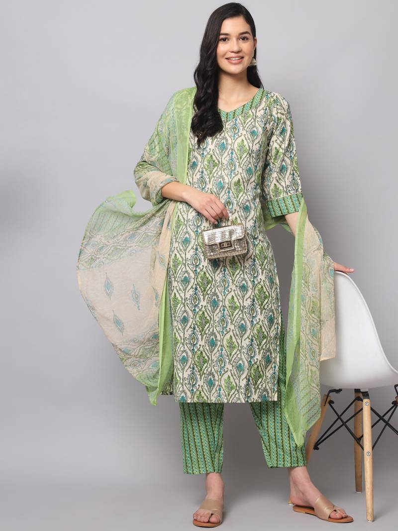 Parrot Green Cotton Blend Printed Unstitched Salwar Suit Material main image 1