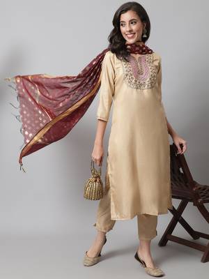 Beige embroidered cotton silk Kurta Pant With Dupatta 1