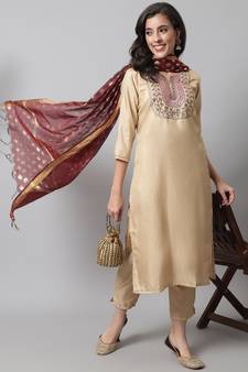 Beige embroidered cotton silk Kurta Pant With Dupatta