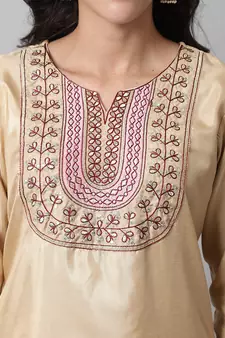 Beige embroidered cotton silk Kurta Pant With Dupatta