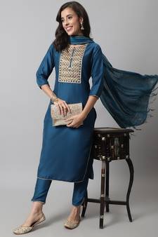Blue embroidered pure silk Kurta Pant With Dupatta