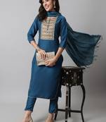 Blue embroidered pure silk Kurta Pant With Dupatta