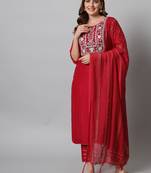 Red embroidered silk blend Kurta Pant With Dupatta