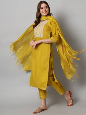 Mustard embroidered silk blend Kurta Pant With Dupatta 1