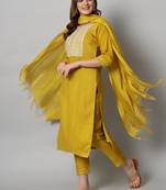 Mustard embroidered silk blend Kurta Pant With Dupatta