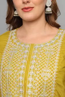 Mustard embroidered silk blend Kurta Pant With Dupatta