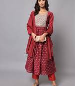 Dark-purple embroidered chanderi silk Kurta Pant With Dupatta