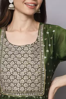 Mehendi embroidered chanderi silk Kurta Pant With Dupatta