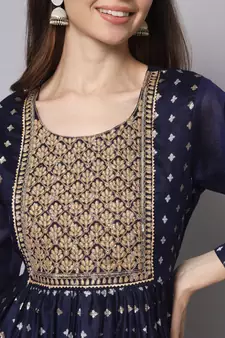 Navy-blue embroidered chanderi silk Kurta Pant With Dupatta