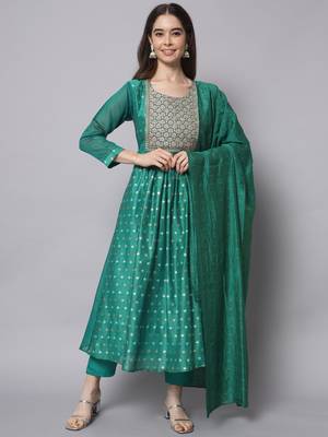 Aqua-blue embroidered chanderi silk Kurta Pant With Dupatta 1