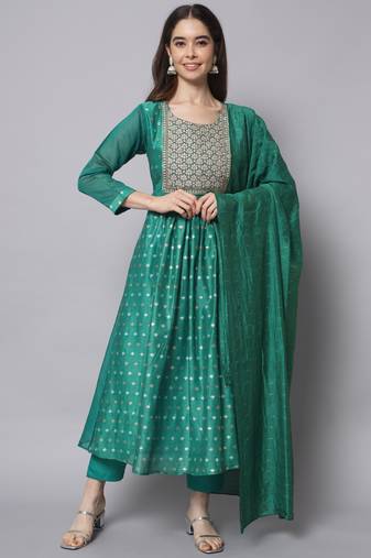 Aqua-blue embroidered chanderi silk Kurta Pant With Dupatta