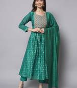 Aqua-blue embroidered chanderi silk Kurta Pant With Dupatta