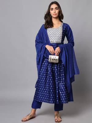 Royal-blue embroidered chanderi silk Kurta Pant With Dupatta 1