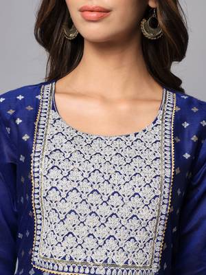 Royal-blue embroidered chanderi silk Kurta Pant With Dupatta 2