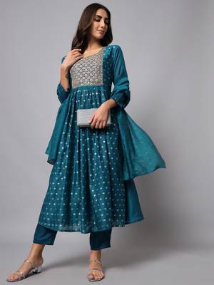 Teal embroidered chanderi silk Kurta Pant With Dupatta 1