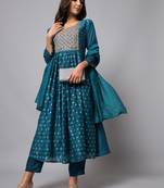 Teal embroidered chanderi silk Kurta Pant With Dupatta