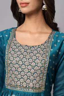 Teal embroidered chanderi silk Kurta Pant With Dupatta