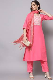 Pink embroidered chanderi silk Kurta Pant With Dupatta