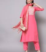 Pink embroidered chanderi silk Kurta Pant With Dupatta
