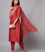 Red embroidered cotton silk Kurta Pant With Dupatta