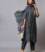 Grey embroidered cotton silk Kurta Pant With Dupatta