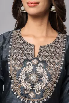 Grey embroidered cotton silk Kurta Pant With Dupatta