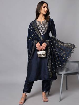 Navy-blue embroidered cotton silk Kurta Pant With Dupatta 1
