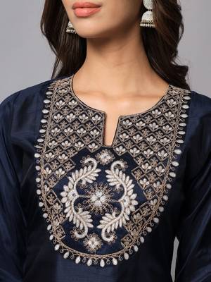 Navy-blue embroidered cotton silk Kurta Pant With Dupatta 2