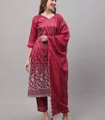Red embroidered cotton silk Kurta Pant With Dupatta