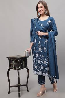 Teal embroidered cotton silk Kurta Pant With Dupatta