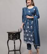 Teal embroidered cotton silk Kurta Pant With Dupatta