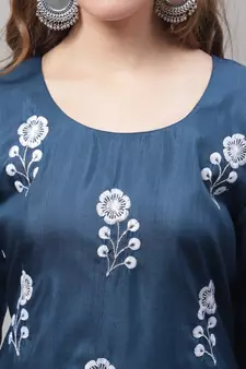 Teal embroidered cotton silk Kurta Pant With Dupatta