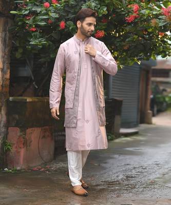 Mauvish Hand Embroidery Stylish Double Layer Kurta With Full Open Jacket Set 1
