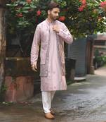 Mauvish Hand Embroidery Stylish Double Layer Kurta With Full Open Jacket Set