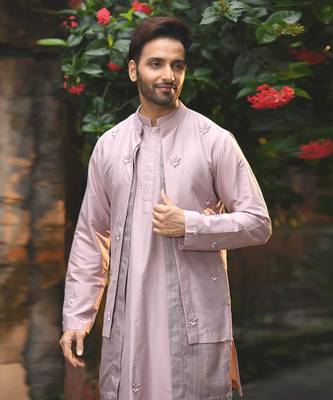 Mauvish Hand Embroidery Stylish Double Layer Kurta With Full Open Jacket Set 2